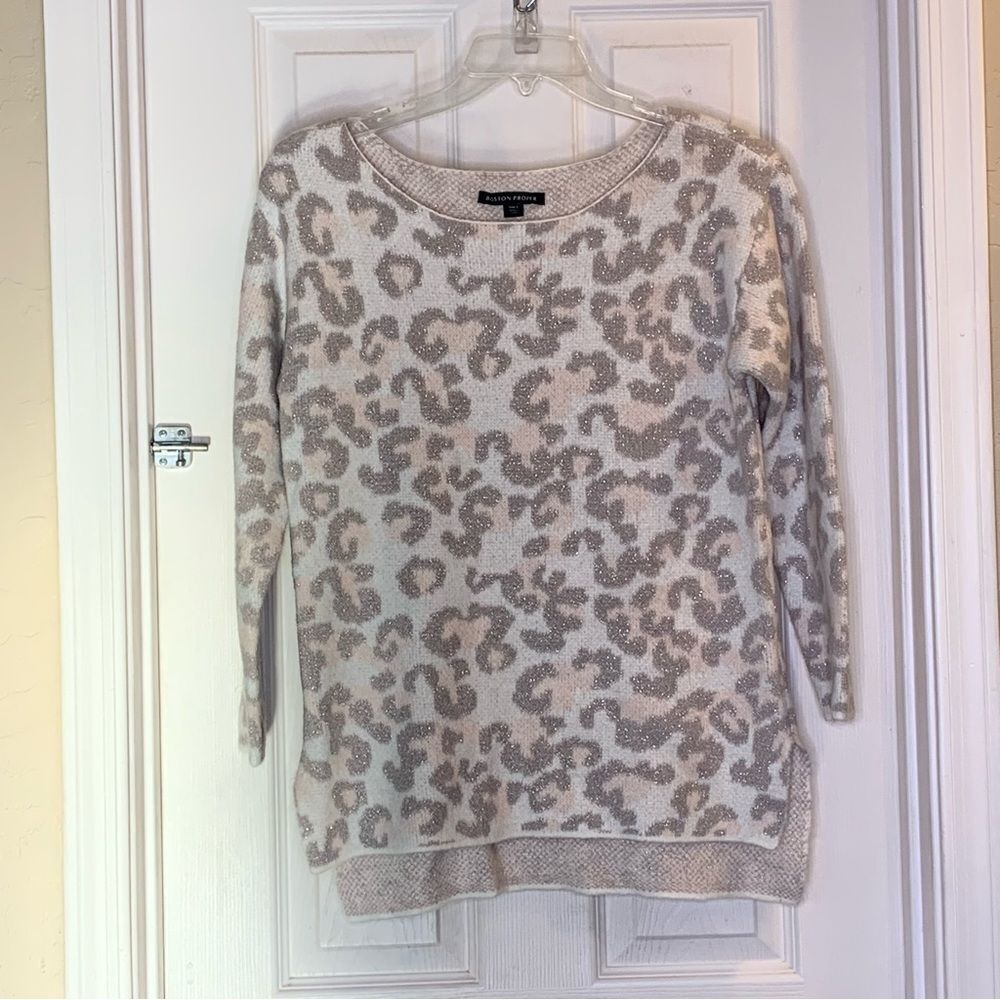 Boston Proper Cheetah Print Gray Pink Shimmer Oversized Sweater Size Small